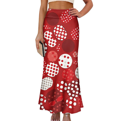 Red Polka Dot High Waist Long Skirt for Women red