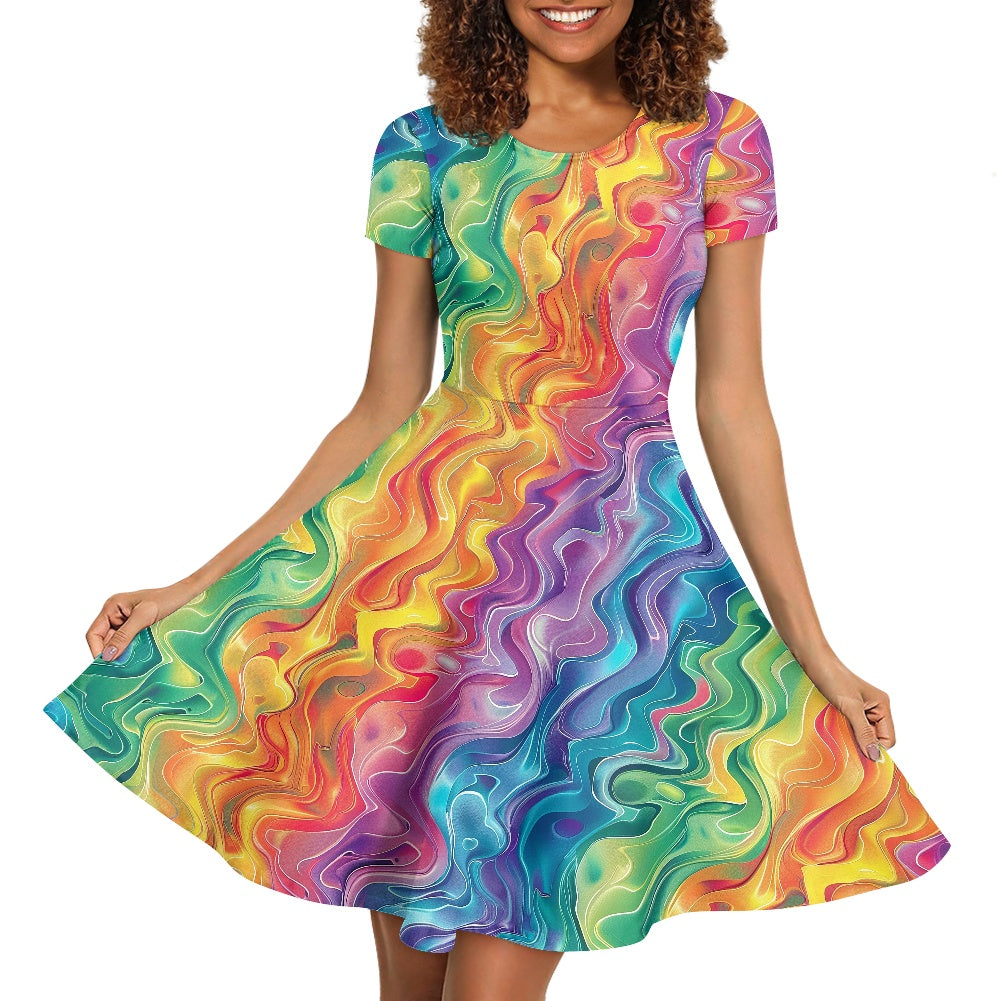 Women Scoop Neck Short Sleeve Ruffle Dress