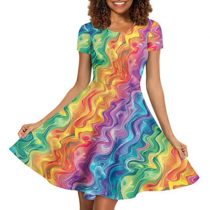 Women Scoop Neck Short Sleeve Ruffle Dress
