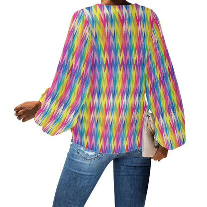 V-Neck Chiffon Puff Sleeve Blouse by Luxtrini