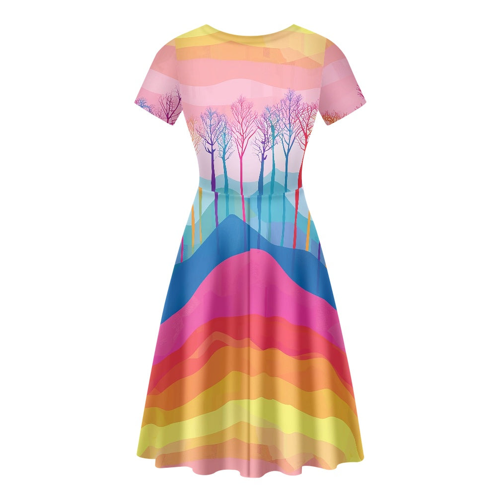 Rainbow Nature Scenic Women Scoop Neck Short Sleeve Ruffle Dress