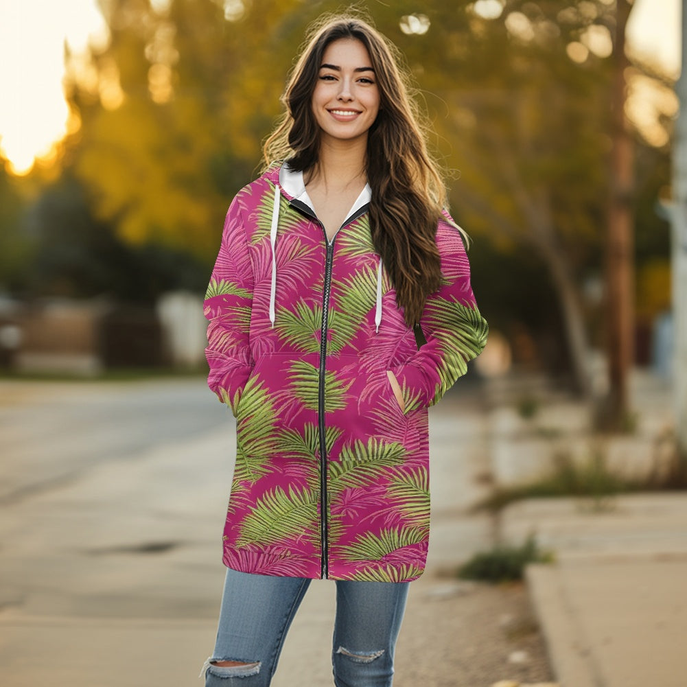 Women's mid-length hooded sweatshirt cardigan