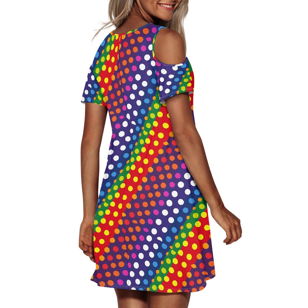 LGBTQ-Friendly Rainbow Polka Dot Chic Cold Shoulder Short Sleeve Mini Dress with Classic Round Neck by Luxtrini