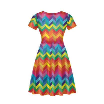 Rainbow Chevron Women V-Neck Short Sleeve Ruffle Dress