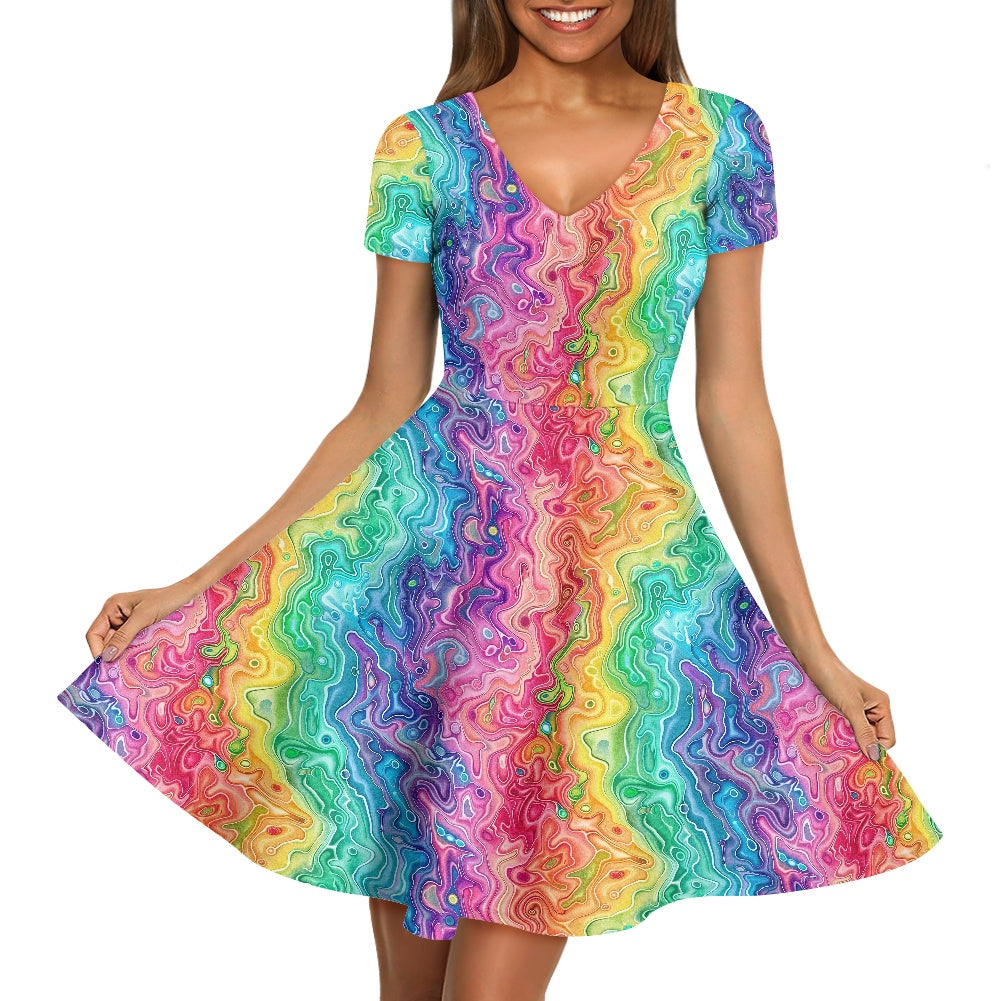 Rainbow Women V-Neck Short Sleeve Ruffle Dress