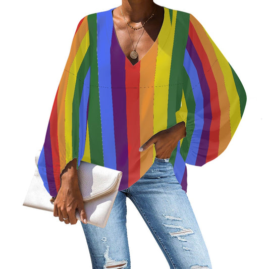 V-Neck Chiffon Puff Sleeve Blouse by Luxtrini 4XL