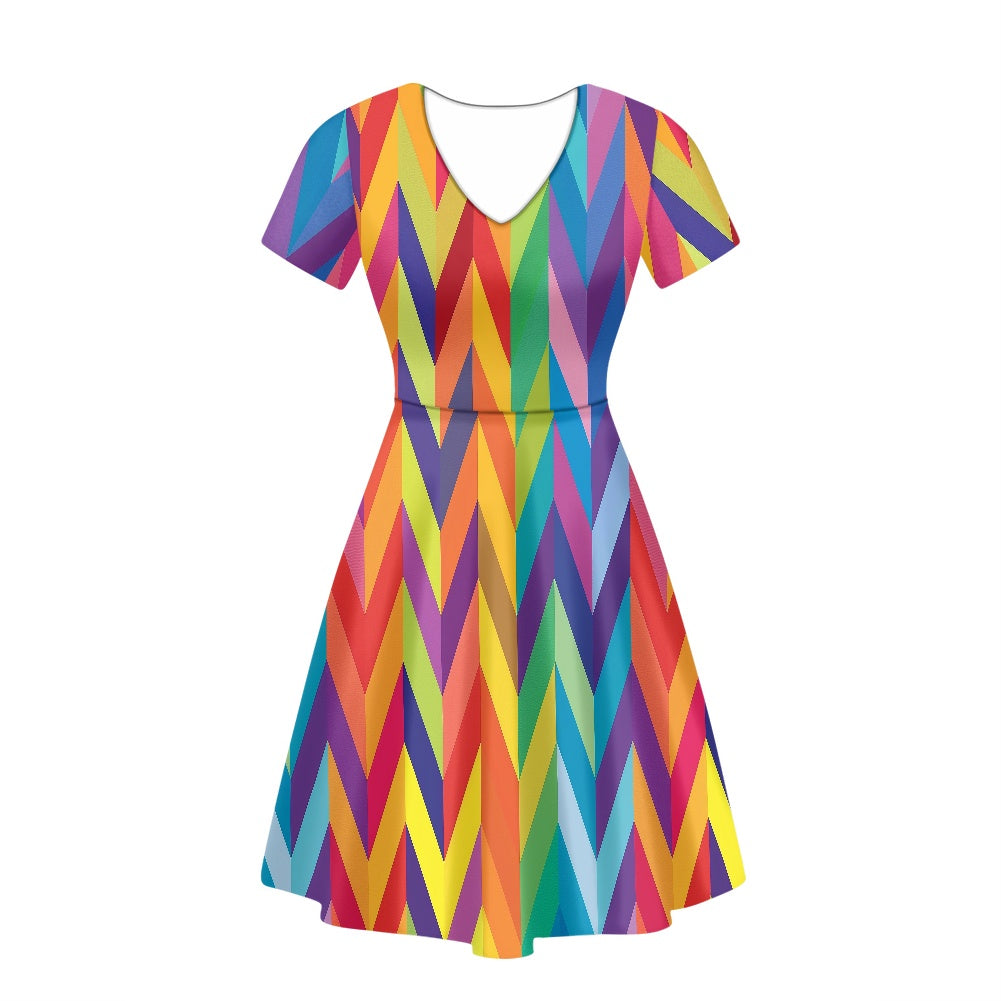 Rainbow Chevrons Women V-Neck Short Sleeve Ruffle Dress white
