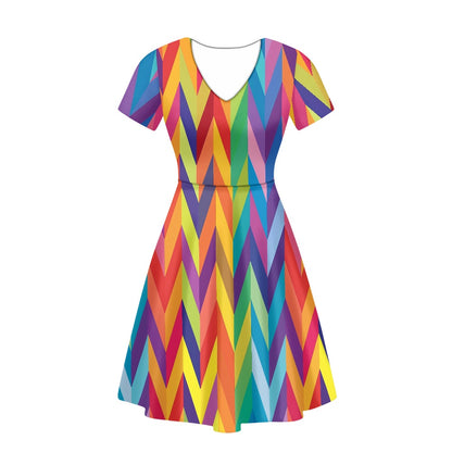 Rainbow Chevrons Women V-Neck Short Sleeve Ruffle Dress white