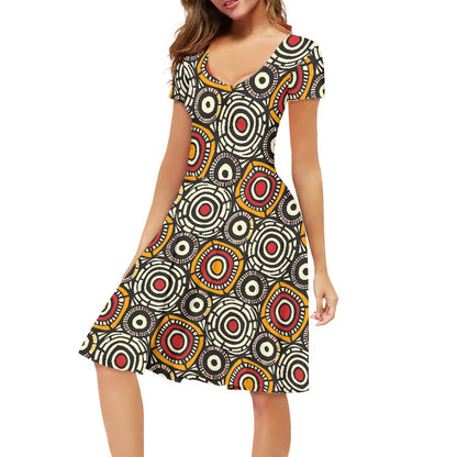 African Kente Pattern Women V-Neck Short Sleeve Ruffle Dress