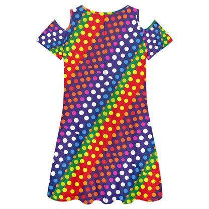 LGBTQ-Friendly Rainbow Polka Dot Chic Cold Shoulder Short Sleeve Mini Dress with Classic Round Neck by Luxtrini
