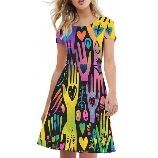 Women Scoop Neck Short Sleeve Ruffle Dress