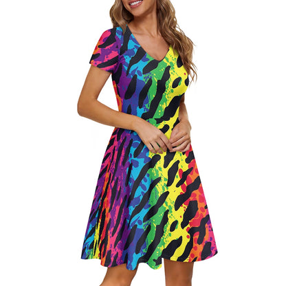 Animal Print Women V-Neck Short Sleeve Ruffle Dress