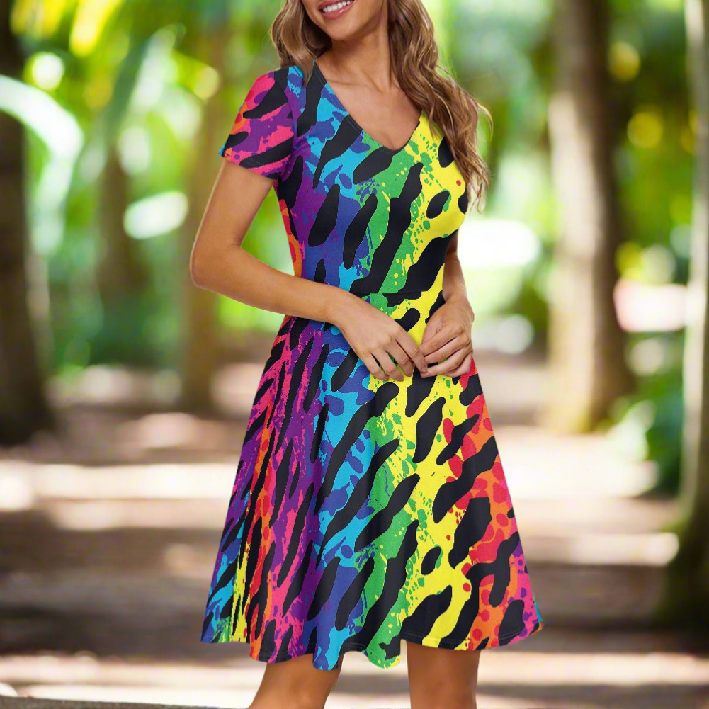 Animal Print Women V-Neck Short Sleeve Ruffle Dress