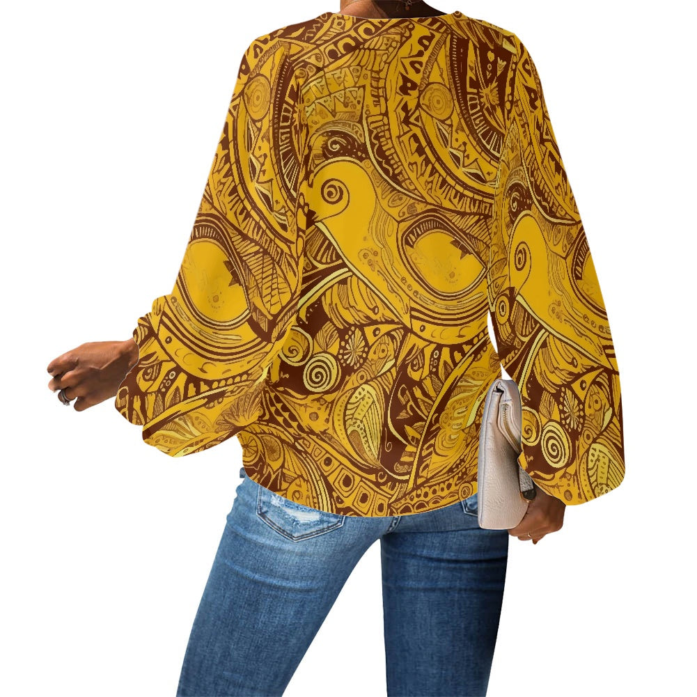 Chic Boho-Inspired Chiffon Blouse – Warm-Toned Tribal Print V-Neck for Everyday Elegance V-Neck Chiffon Puff Sleeve Blouse by Luxtrini