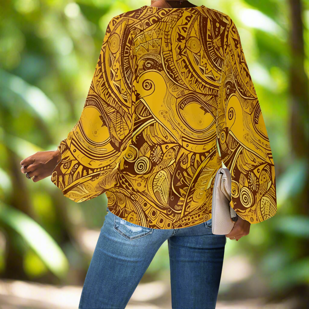 Chic Boho-Inspired Chiffon Blouse – Warm-Toned Tribal Print V-Neck for Everyday Elegance V-Neck Chiffon Puff Sleeve Blouse by Luxtrini