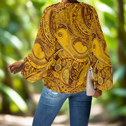 Chic Boho-Inspired Chiffon Blouse – Warm-Toned Tribal Print V-Neck for Everyday Elegance V-Neck Chiffon Puff Sleeve Blouse by Luxtrini