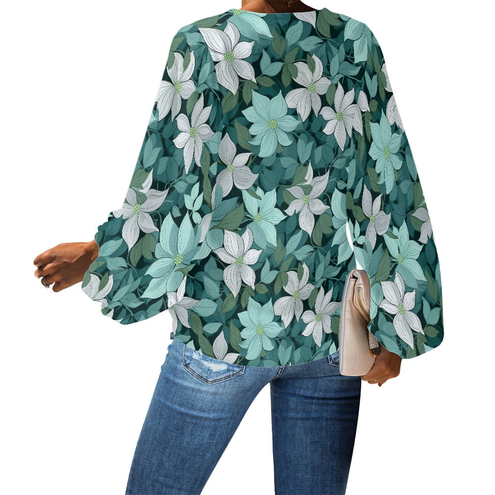 V-Neck Puff Sleeve Chiffon Blouse
