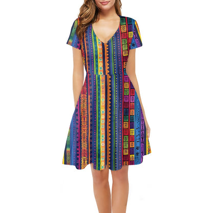 Women V-Neck Short Sleeve Ruffle Dress