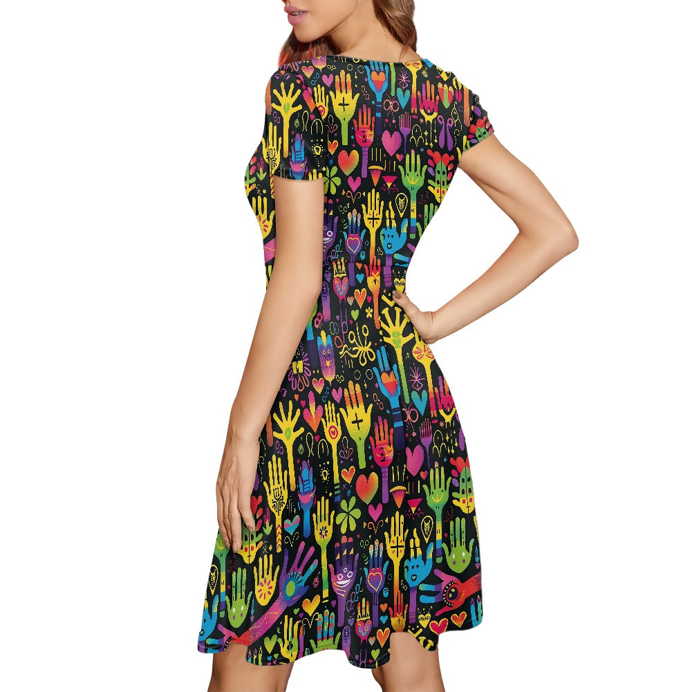Women Scoop Neck Short Sleeve Ruffle Dress
