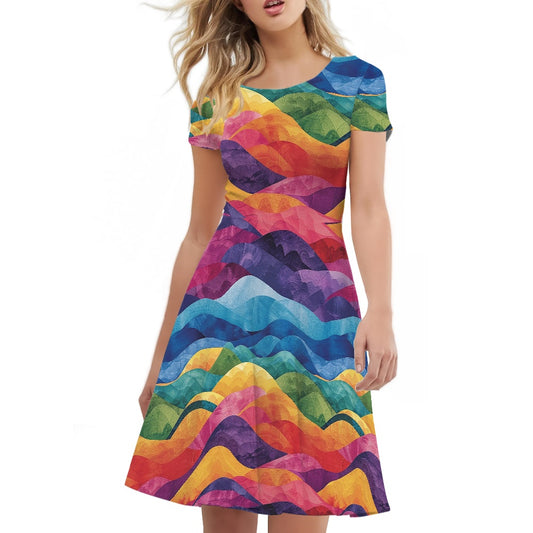 Women Scoop Neck Short Sleeve Ruffle Dress