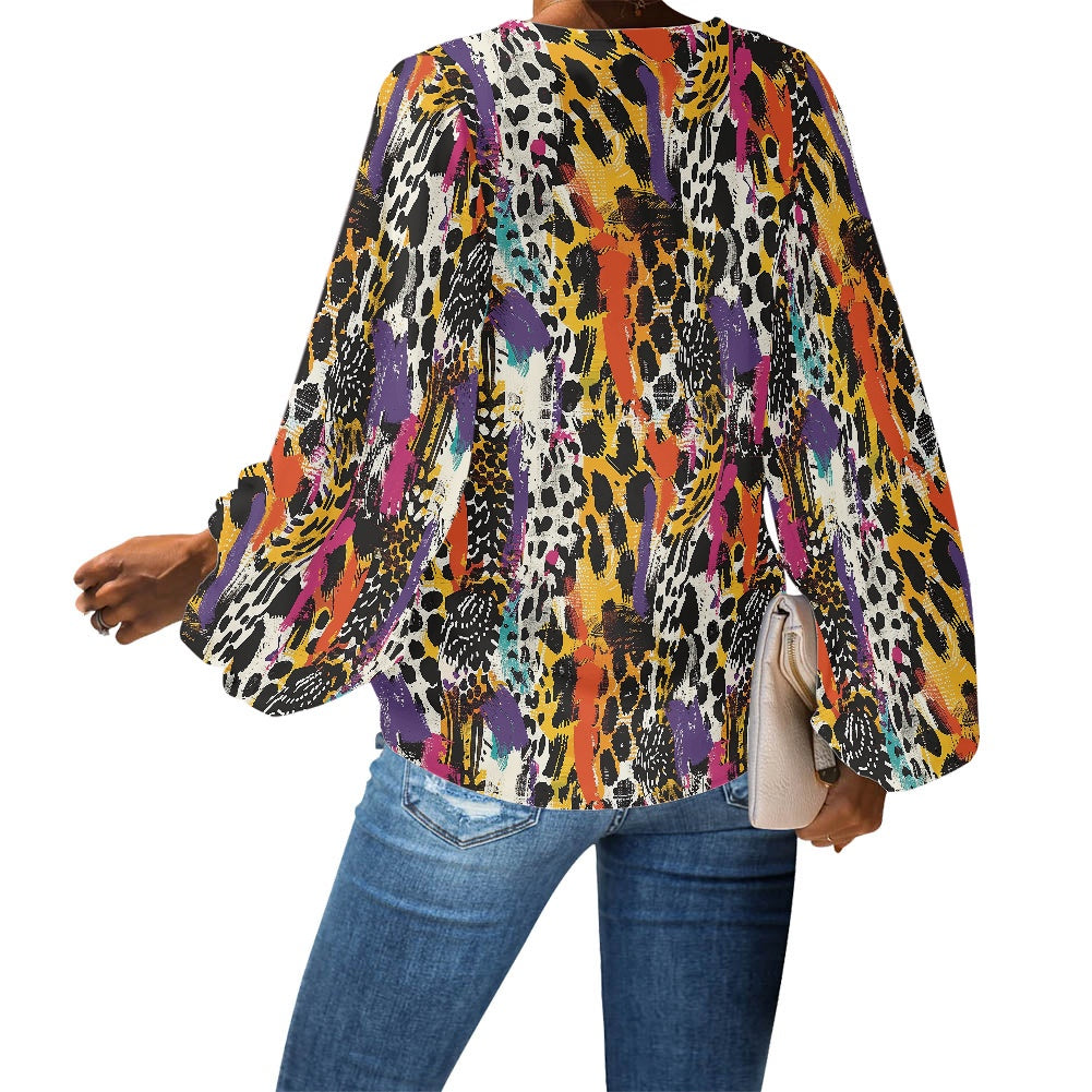 V-Neck Chiffon Puff Sleeve Blouse by Luxtrini