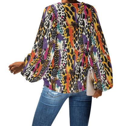 V-Neck Chiffon Puff Sleeve Blouse by Luxtrini