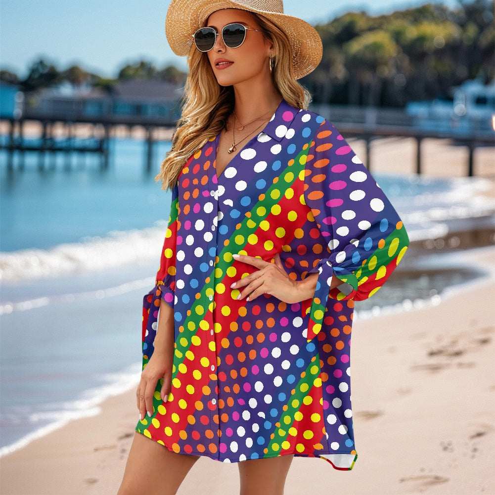 Rainbow Polka Dot Button-Up Tunic Women's three quarter sleeve cardigan shirt