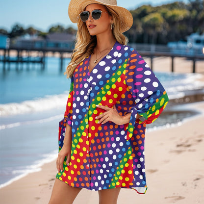 Rainbow Polka Dot Button-Up Tunic Women's three quarter sleeve cardigan shirt