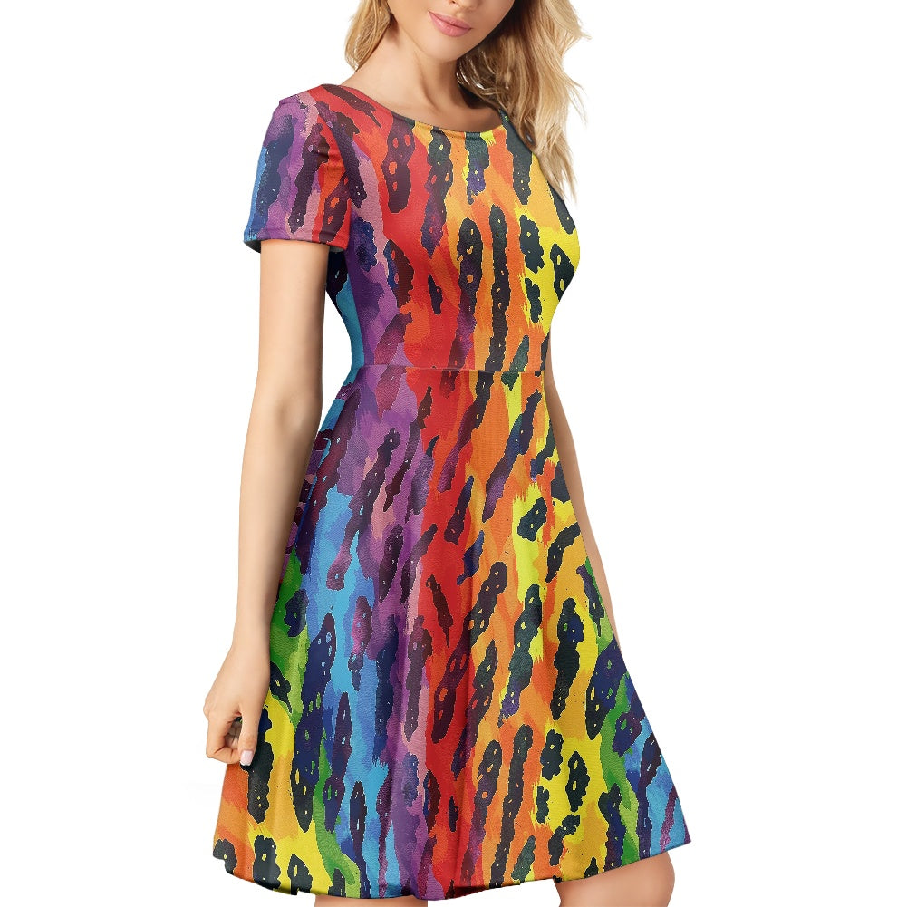 Women Scoop Neck Short Sleeve Ruffle Dress