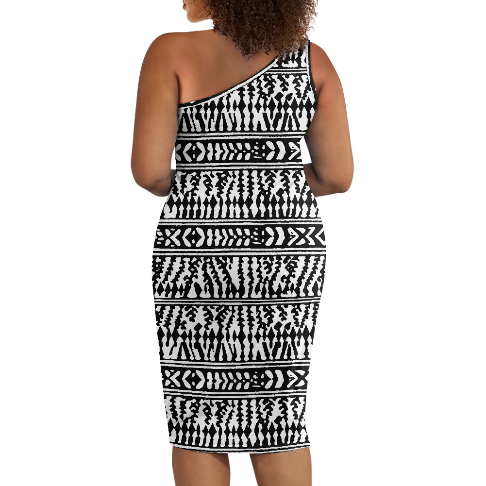Discover Elegance: Luxtrini's One-Shoulder Slim Dress - B&W African Ethnic