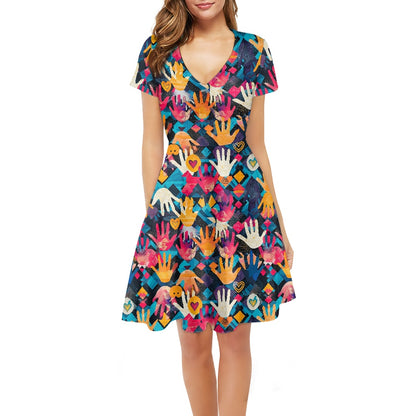 Women V-Neck Short Sleeve Ruffle Dress