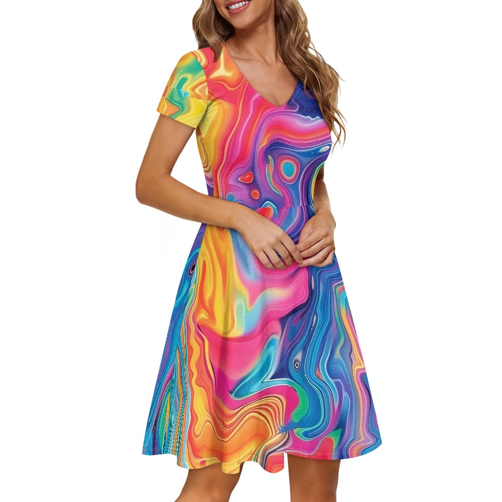 Women V-Neck Short Sleeve Ruffle Dress