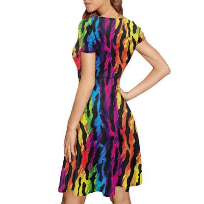 Women Scoop Neck Short Sleeve Ruffle Dress