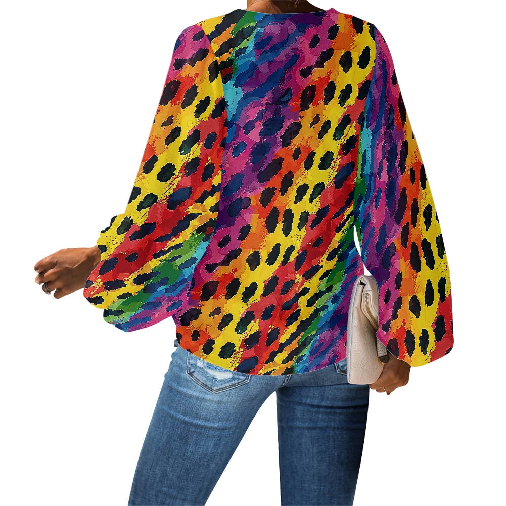 V-Neck Chiffon Puff Sleeve Blouse by Luxtrini