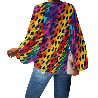 V-Neck Chiffon Puff Sleeve Blouse by Luxtrini