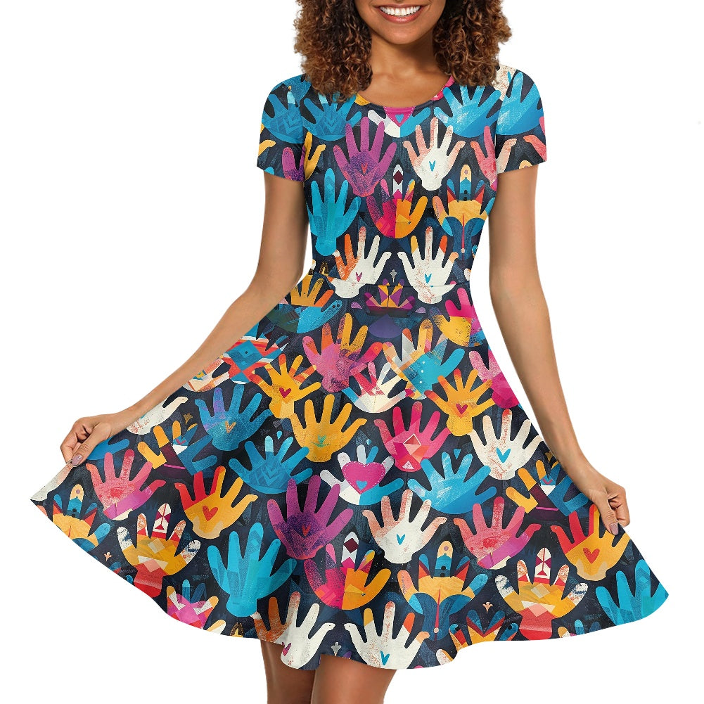 Women Scoop Neck Short Sleeve Ruffle Dress