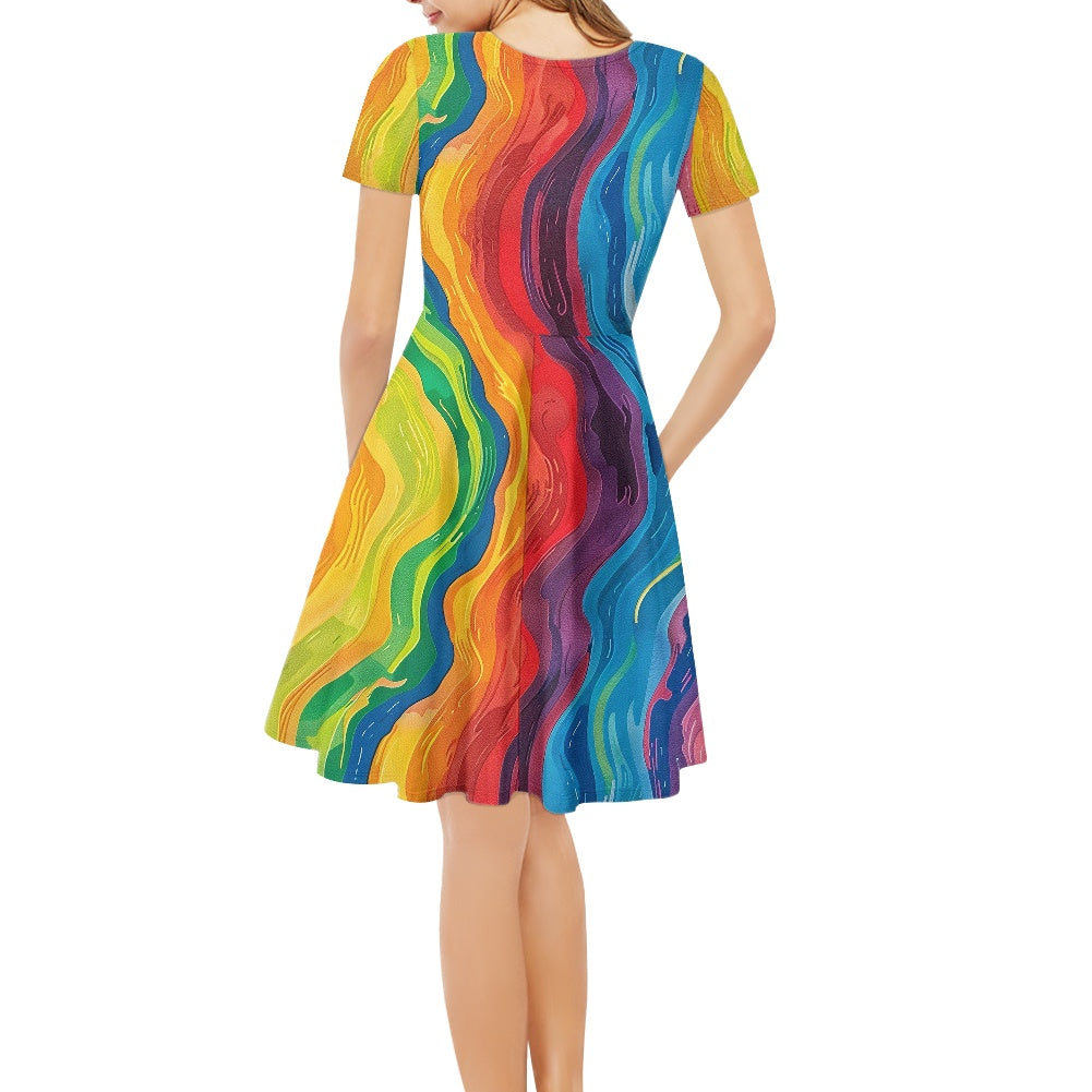 Rainbow Women V-Neck Short Sleeve Ruffle Dress