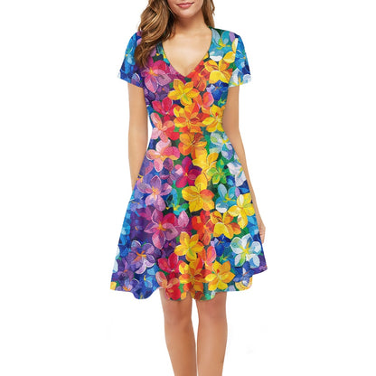 Rainbow Flowers Women V-Neck Short Sleeve Ruffle Dress