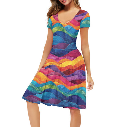 Women V-Neck Short Sleeve Ruffle Dress