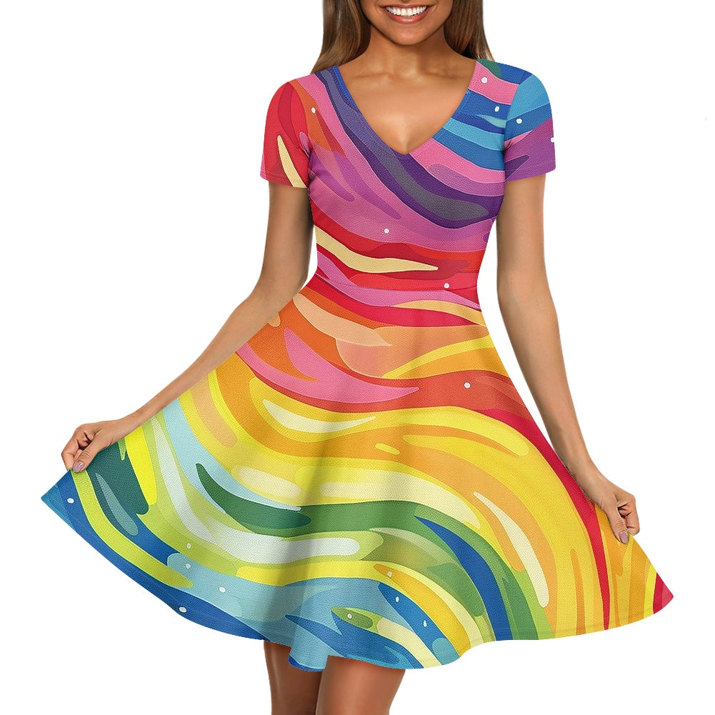 Rainbow Women V-Neck Short Sleeve Ruffle Dress
