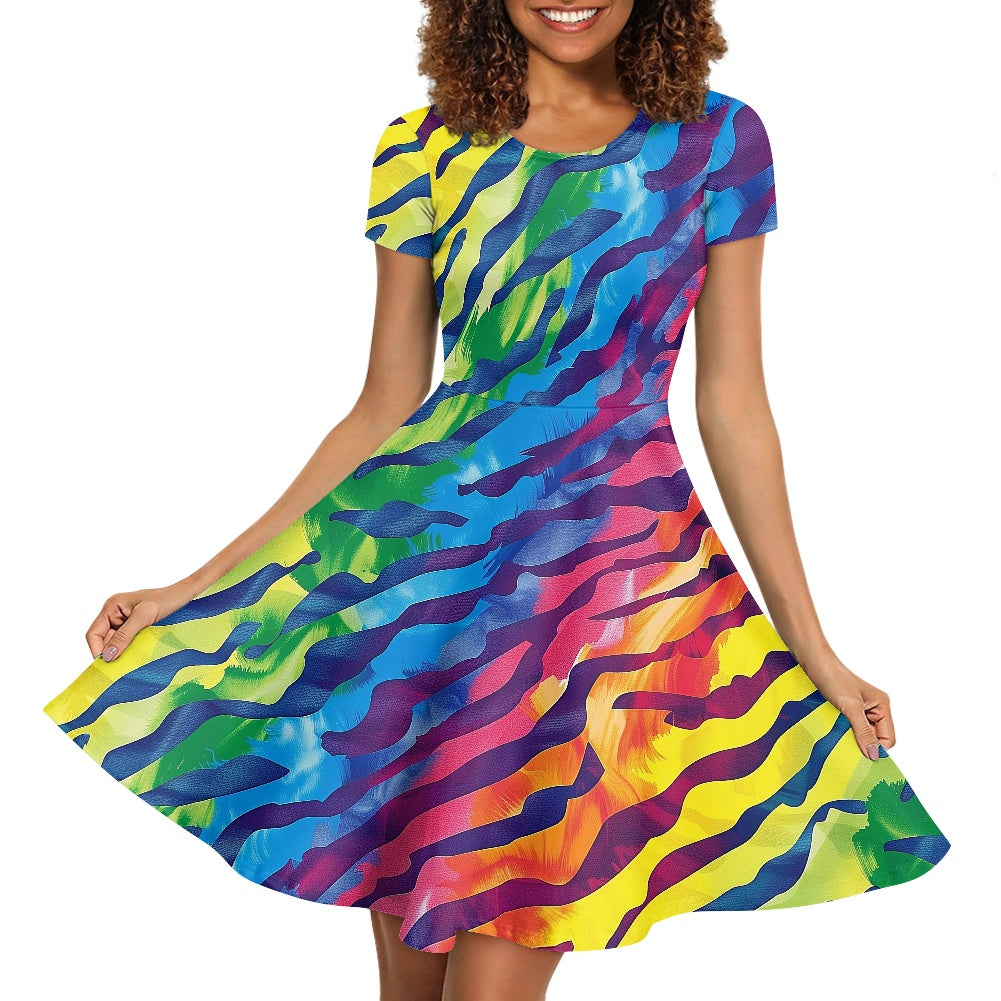 Luxtrini Rainbow Animal Print Womens Scoop Neck Short Sleeve Ruffle Dress - Vibrant, Custom Handmade, Perfect for All Occasions