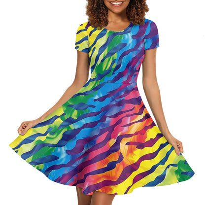 Luxtrini Rainbow Animal Print Womens Scoop Neck Short Sleeve Ruffle Dress - Vibrant, Custom Handmade, Perfect for All Occasions