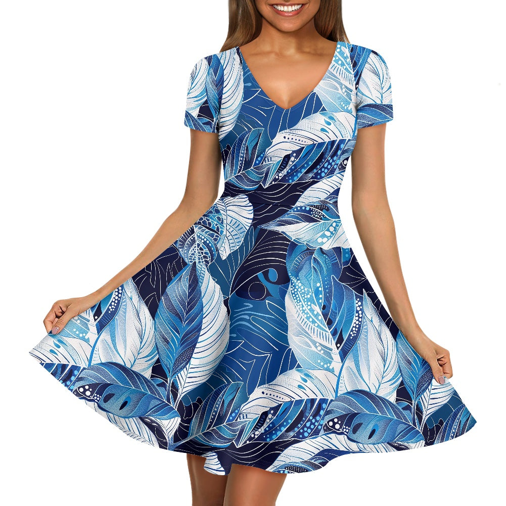 Blue Leaves Women V-Neck Short Sleeve Ruffle Dress