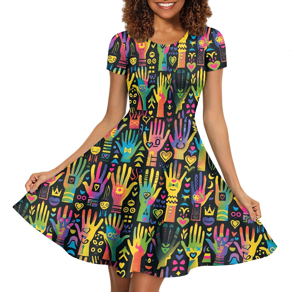 Women Scoop Neck Short Sleeve Ruffle Dress