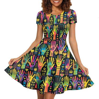 Women Scoop Neck Short Sleeve Ruffle Dress