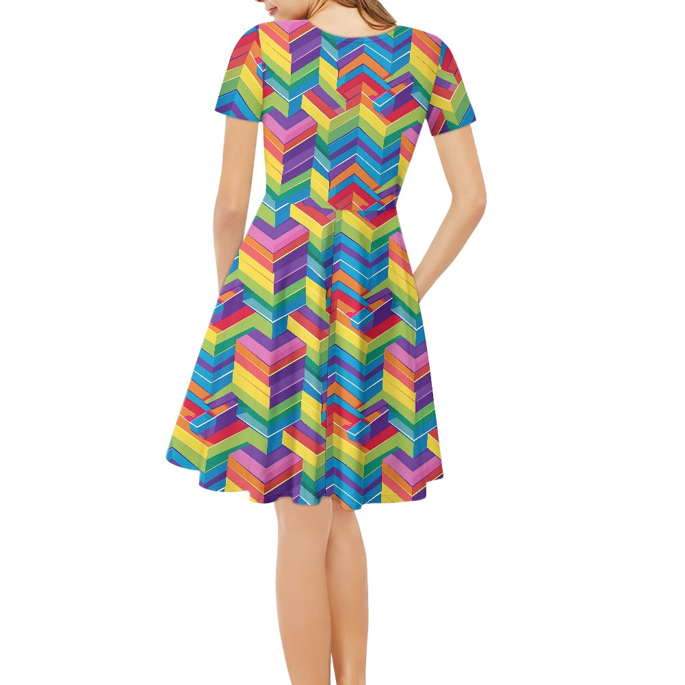 Rainbow Geometric Women V-Neck Short Sleeve Ruffle Dress