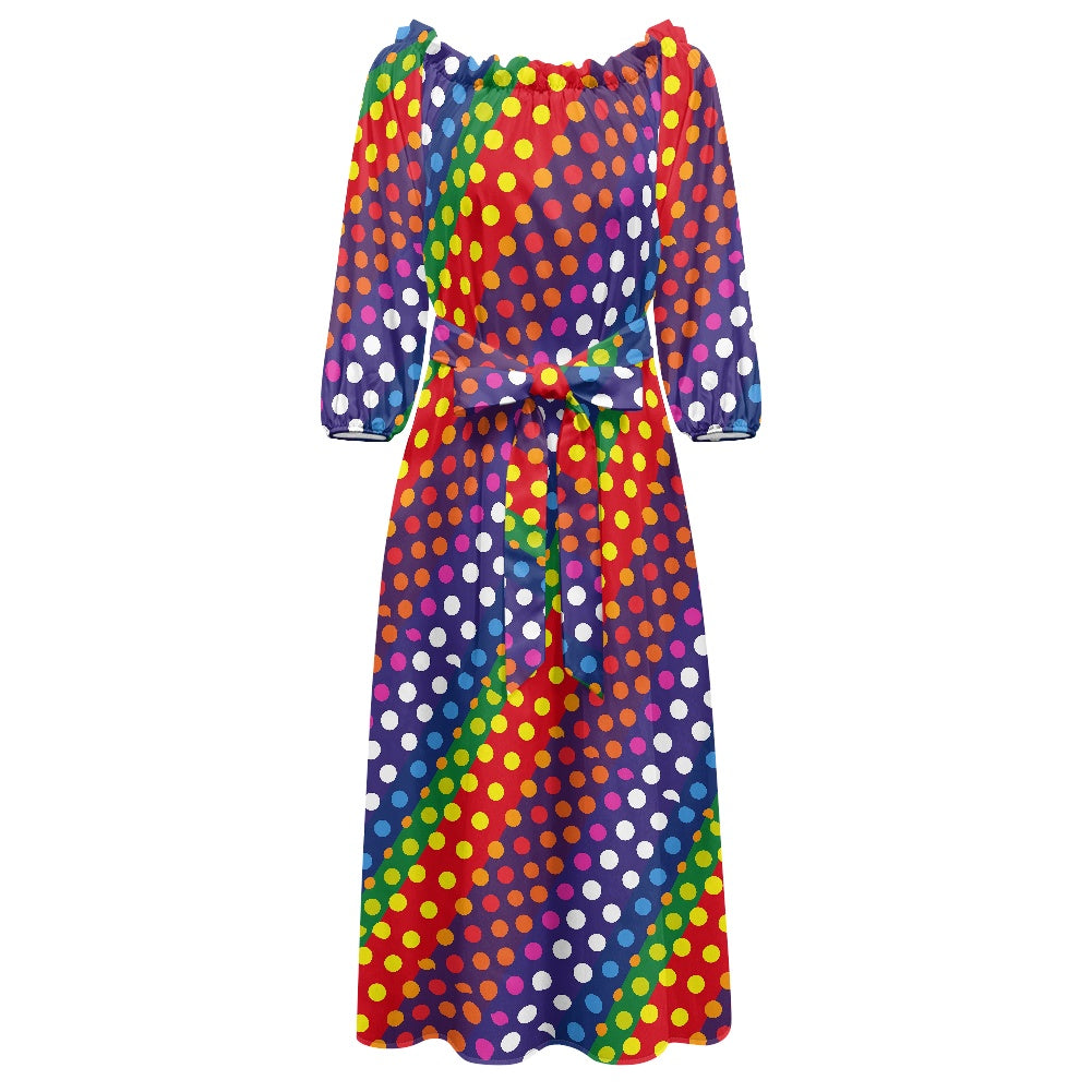 LGBTQ-Friendly Rainbow Polka Dot Chic Elegant Off-Shoulder Maxi Dress with Puff Sleeves, Cinched Waist, and Stylish Waist Tie by Luxtrini white