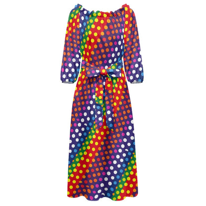 LGBTQ-Friendly Rainbow Polka Dot Chic Elegant Off-Shoulder Maxi Dress with Puff Sleeves, Cinched Waist, and Stylish Waist Tie by Luxtrini white