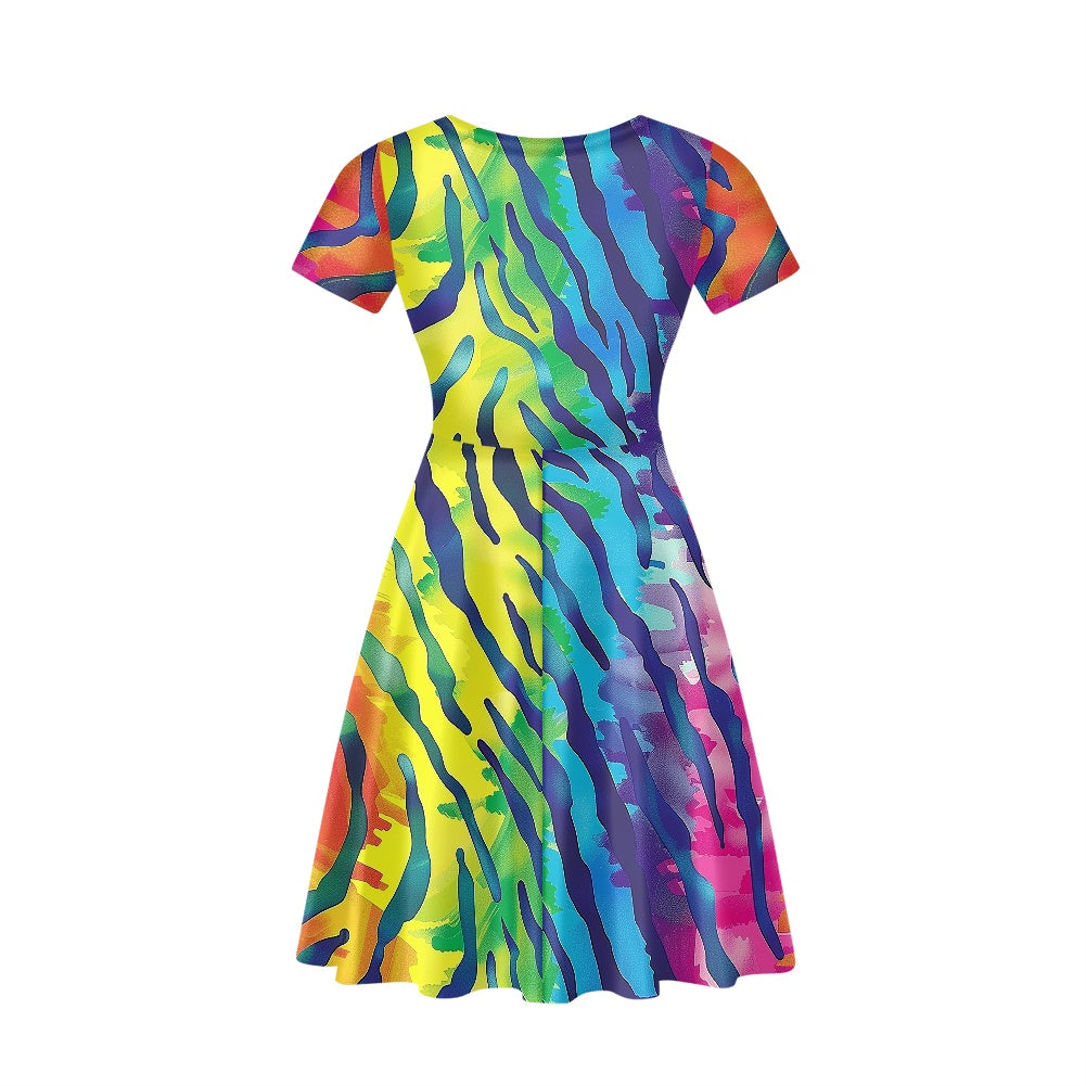 Rainbow Animal Print Women V-Neck Short Sleeve Ruffle Dress