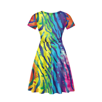 Rainbow Animal Print Women V-Neck Short Sleeve Ruffle Dress